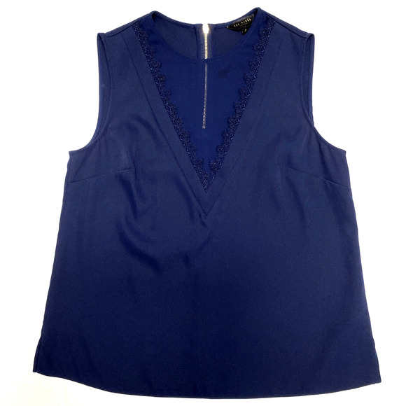 TED BAKER Lulabel Lace Trim Top Blouse Navy Blue Sleeveless Back Zip 2 4… - Picture 2 of 8